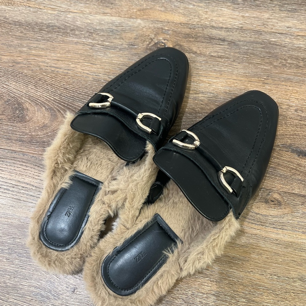 Zara Black Mules with Faux Fur Lining
